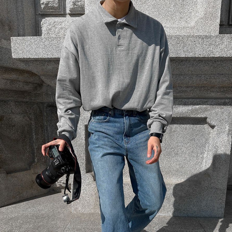 Ανδρικό cardigan polo από βαμβάκι με φλις επένδυση, κορεατικό στυλ, μακριά μανίκια, με κουμπιά