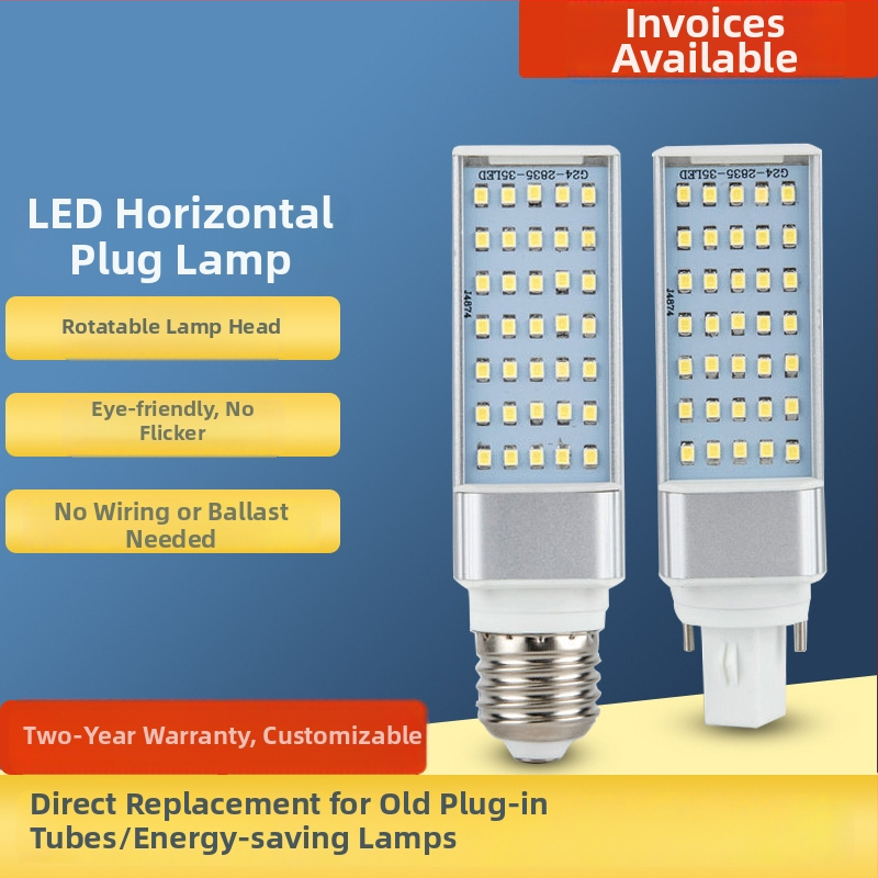 LED horizontálna plug-in lampa, celé hliníkové telo, G24 zásuvka, 110–240V, jednostranná LED kukuričná žiarovka