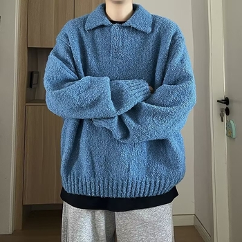 Μπλε πλεκτό πουλόβερ με γιακά Polo, unisex, χαλαρή γραμμή για φθινόπωρο-χειμώνα