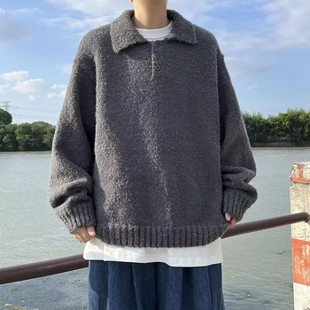 Μπλε πλεκτό πουλόβερ με γιακά Polo, unisex, χαλαρή γραμμή για φθινόπωρο-χειμώνα