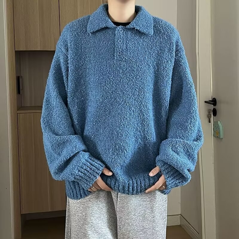 Μπλε πλεκτό πουλόβερ με γιακά Polo, unisex, χαλαρή γραμμή για φθινόπωρο-χειμώνα