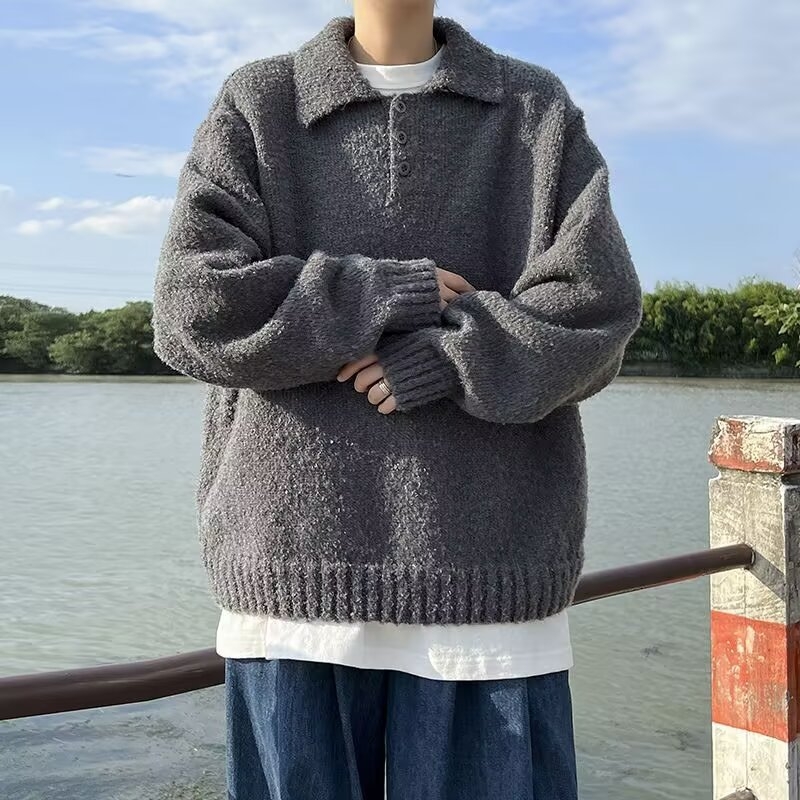 Μπλε πλεκτό πουλόβερ με γιακά Polo, unisex, χαλαρή γραμμή για φθινόπωρο-χειμώνα