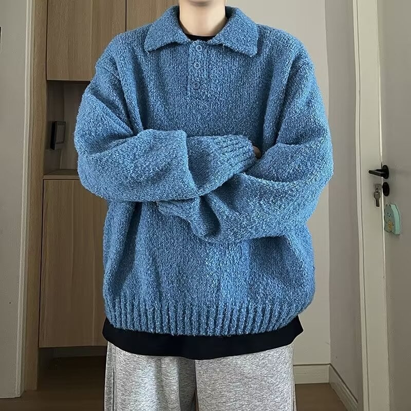 Μπλε πλεκτό πουλόβερ με γιακά Polo, unisex, χαλαρή γραμμή για φθινόπωρο-χειμώνα