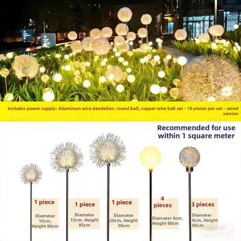 LED lampa s hliníkovým vláknom v tvare púpavy, solárne napájaná, vodotesná, vonkajšie osvetlenie trávnika