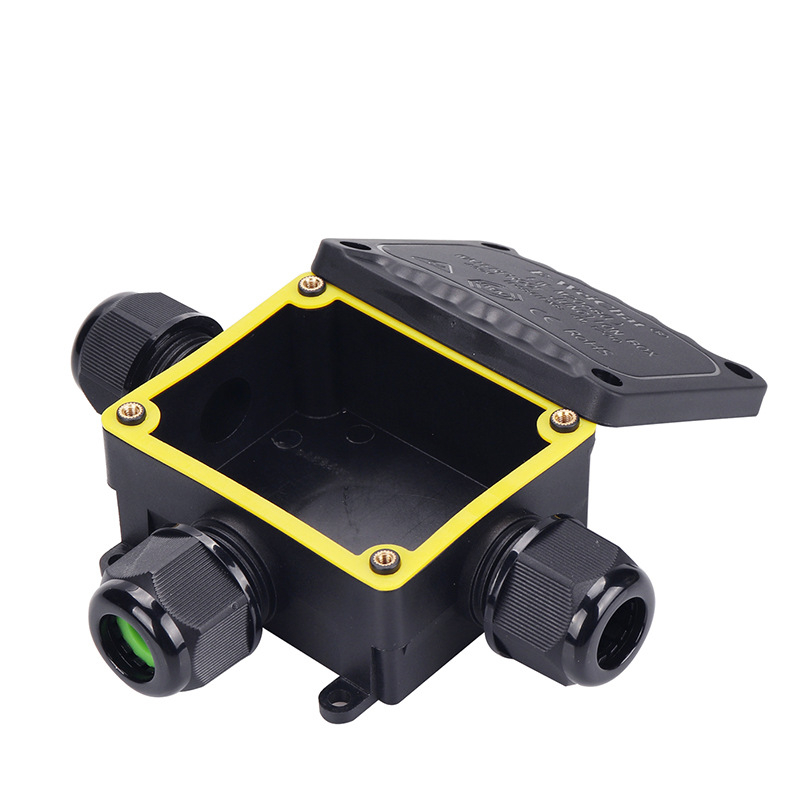 IP68 vízálló elosztódoboz kültéri LED-es világításhoz, víz alatti és föld alatti utcai világítás, T-típus, 1 bemenet, 2 kimenet, fekete műanyag vízálló doboz