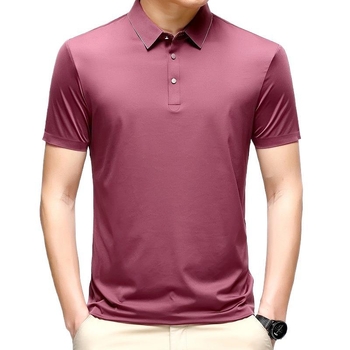 Polo πουκάμισο από Mulberry μετάξι για καλοκαίρι, αντρικό, κοντό μανίκι, χαλαρή γραμμή, επιχειρηματικό casual, σχέδιο intarsia