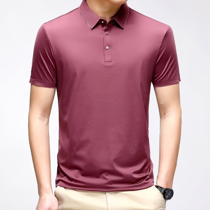 Polo πουκάμισο από Mulberry μετάξι για καλοκαίρι, αντρικό, κοντό μανίκι, χαλαρή γραμμή, επιχειρηματικό casual, σχέδιο intarsia