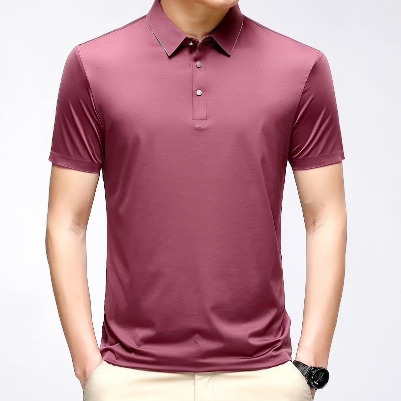 Polo πουκάμισο από Mulberry μετάξι για καλοκαίρι, αντρικό, κοντό μανίκι, χαλαρή γραμμή, επιχειρηματικό casual, σχέδιο intarsia