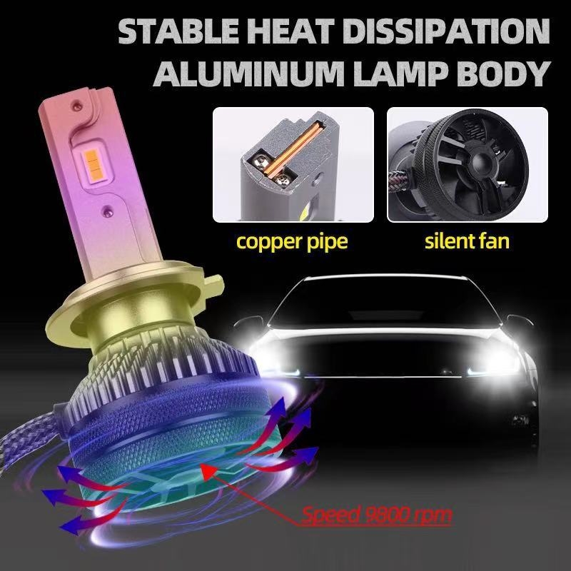 V90 LED προβολέας αυτοκινήτου με H1/H4/H7/H11 και 9005/9006/9012, διπλός χαλκός σωλήνας, 6000K λευκό φως, ενσωματωμένος μακρινός και κοντινός φωτισμός