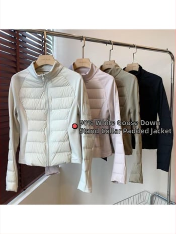Dámska štýlová prešívaná bunda s úzkym strihom v páse, 90% kačacieho peria, ľahká a teplá, stojaci golier, patchwork dizajn