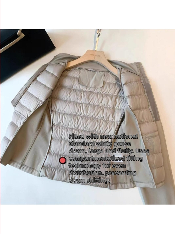 Dámska štýlová prešívaná bunda s úzkym strihom v páse, 90% kačacieho peria, ľahká a teplá, stojaci golier, patchwork dizajn