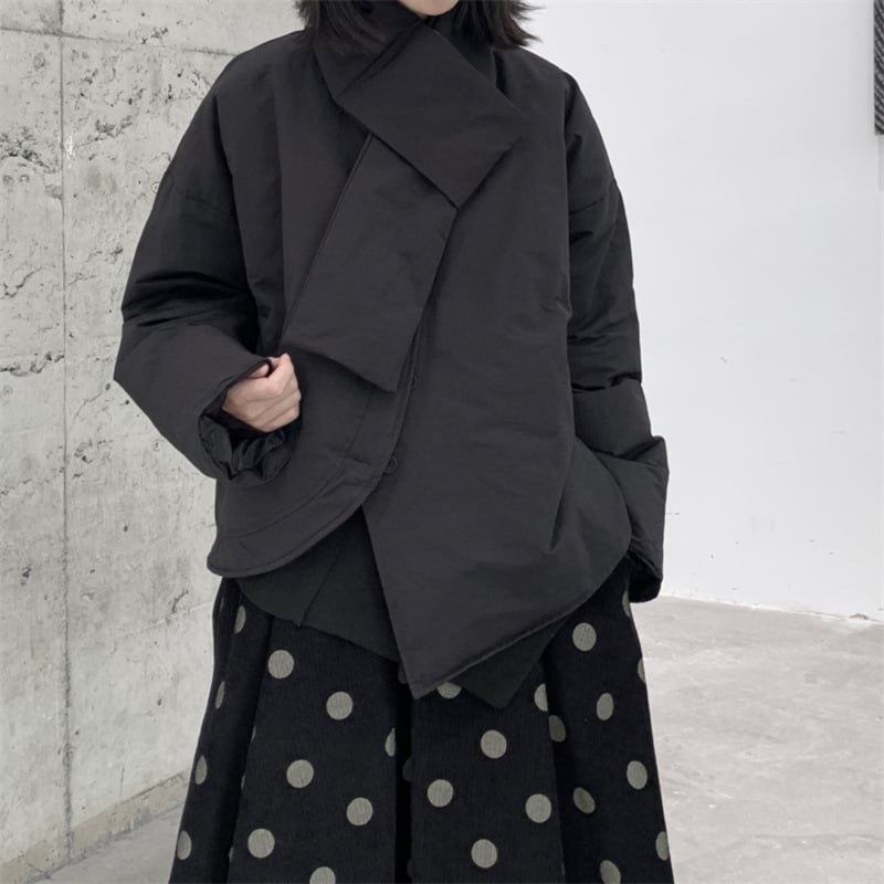Γυναικείο μπουφάν Yohji Yamamoto με σχεδιαστική φινέτσα, ασύμμετρο κόψιμο, κοντό, ζεστό για φθινόπωρο-χειμώνα, γιακάς-κασκόλ, χωρίς γούνα