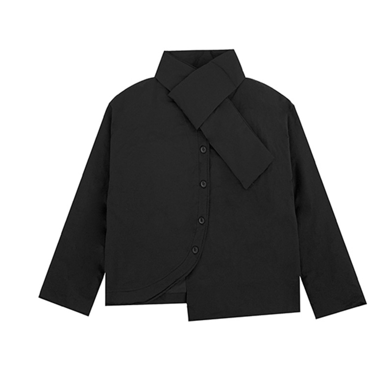 Γυναικείο μπουφάν Yohji Yamamoto με σχεδιαστική φινέτσα, ασύμμετρο κόψιμο, κοντό, ζεστό για φθινόπωρο-χειμώνα, γιακάς-κασκόλ, χωρίς γούνα