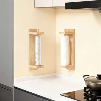 Επιτοίχιος ξύλινος κάτοχος ρολού χαρτιού κουζίνας και αποθήκευση μεμβράνης, απλός σχεδιασμός
