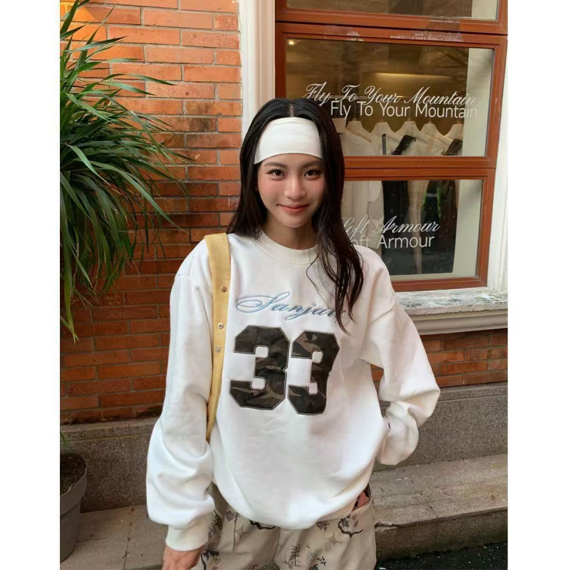 Γυναικεία φούτερ με ψηφιακό εκτύπωμα σε αμερικανικό ρετρό στυλ, στρογγυλός λαιμός, μακριά μανίκια, φθινοπωρινό-χειμωνιάτικο, κορεατικό casual στυλ