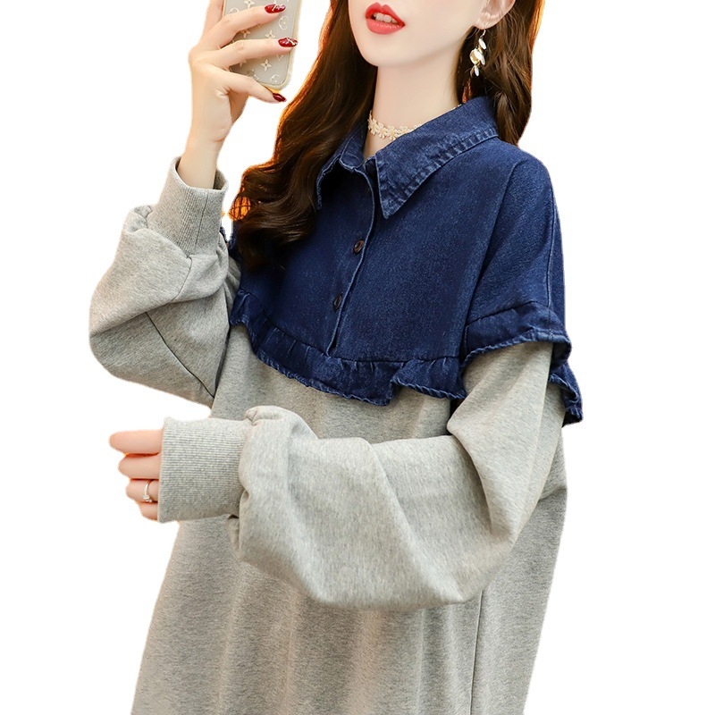Γυναικείος πουλόβερ με denim patchwork και polo γιακά, εμπνευσμένο από σχέδιο, ελαφρύ, για άνοιξη-φθινόπωρο, φαρδιά γραμμή, 2026