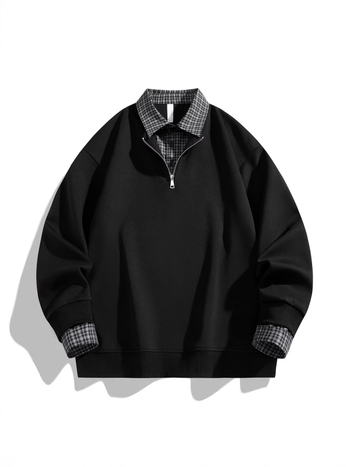 Unisex polo φούτερ με καρό σχέδιο, φαινομενικά διπλός σχεδιασμός, μισό φερμουάρ με κουμπιά