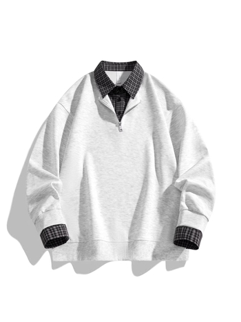 Unisex polo φούτερ με καρό σχέδιο, φαινομενικά διπλός σχεδιασμός, μισό φερμουάρ με κουμπιά