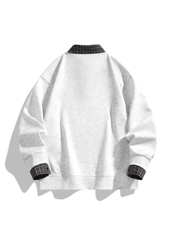 Unisex polo φούτερ με καρό σχέδιο, φαινομενικά διπλός σχεδιασμός, μισό φερμουάρ με κουμπιά
