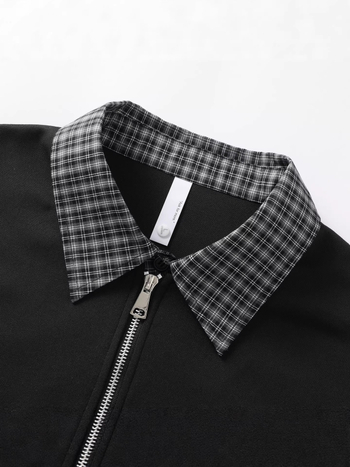 Unisex polo φούτερ με καρό σχέδιο, φαινομενικά διπλός σχεδιασμός, μισό φερμουάρ με κουμπιά
