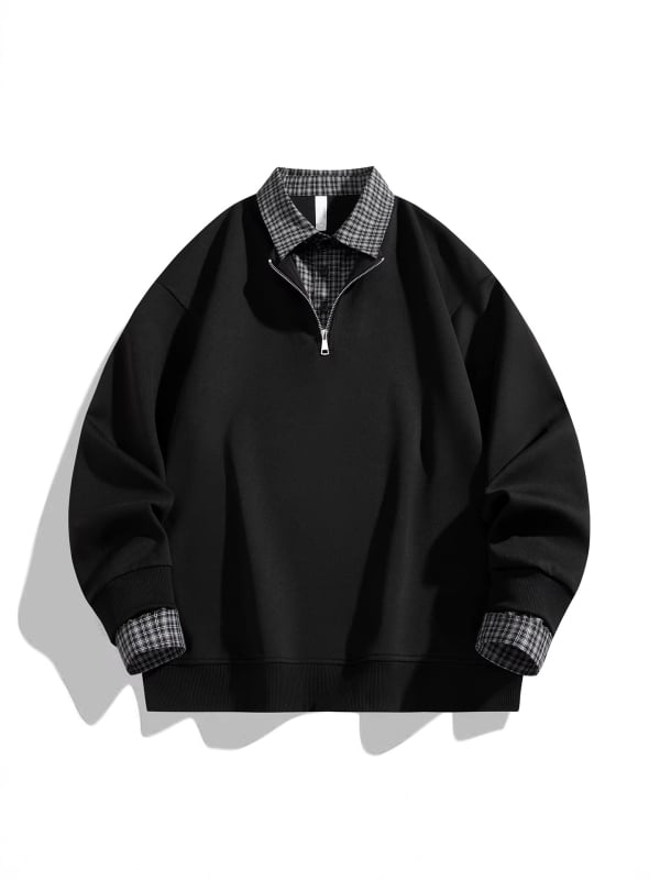 Unisex polo φούτερ με καρό σχέδιο, φαινομενικά διπλός σχεδιασμός, μισό φερμουάρ με κουμπιά