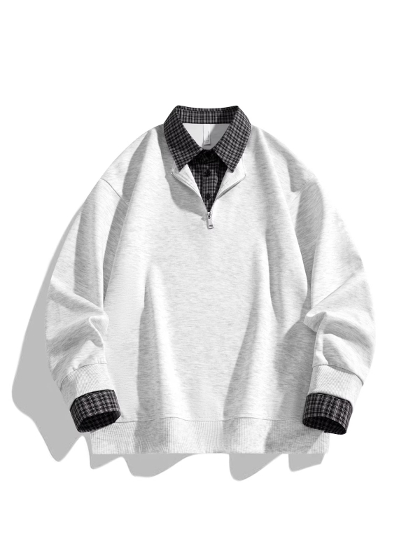 Unisex polo φούτερ με καρό σχέδιο, φαινομενικά διπλός σχεδιασμός, μισό φερμουάρ με κουμπιά