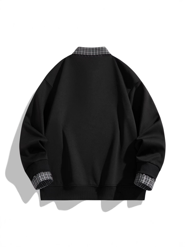 Unisex polo φούτερ με καρό σχέδιο, φαινομενικά διπλός σχεδιασμός, μισό φερμουάρ με κουμπιά