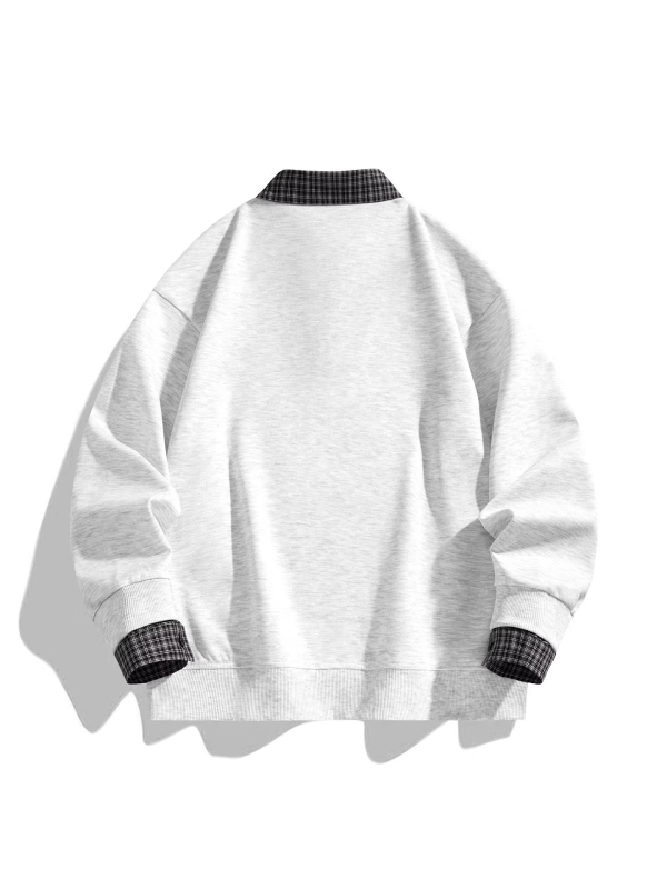 Unisex polo φούτερ με καρό σχέδιο, φαινομενικά διπλός σχεδιασμός, μισό φερμουάρ με κουμπιά