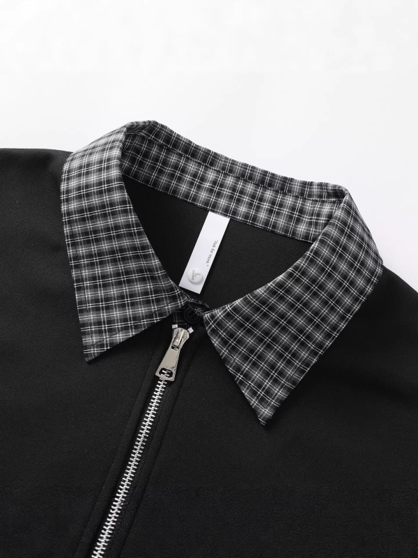 Unisex polo φούτερ με καρό σχέδιο, φαινομενικά διπλός σχεδιασμός, μισό φερμουάρ με κουμπιά