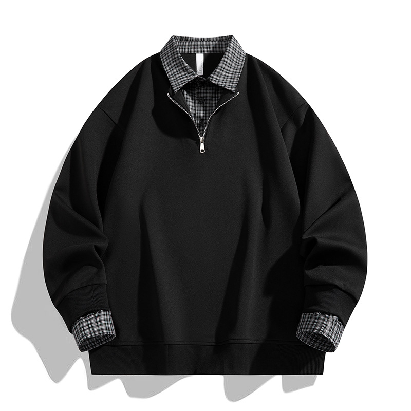 Unisex polo φούτερ με καρό σχέδιο, φαινομενικά διπλός σχεδιασμός, μισό φερμουάρ με κουμπιά