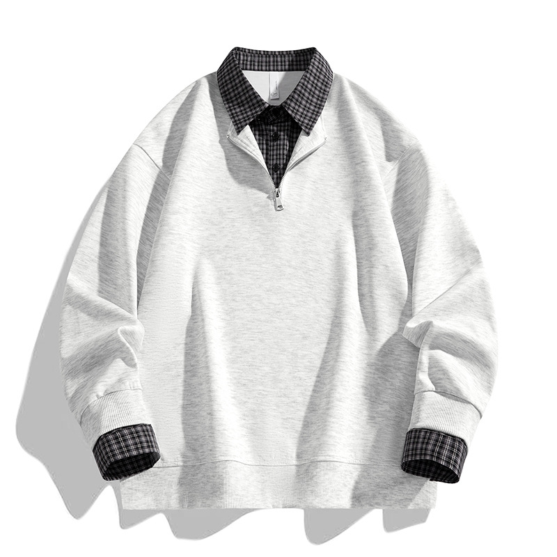 Unisex polo φούτερ με καρό σχέδιο, φαινομενικά διπλός σχεδιασμός, μισό φερμουάρ με κουμπιά