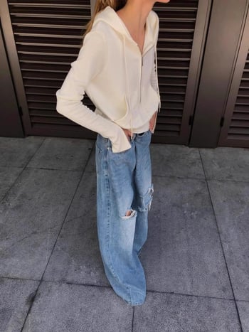 Γυναικείος βαμβακερός φούτερ με κουκούλα και μισό φερμουάρ, V-λαιμό, ελαφρύ, ελεύθερη γραμμή, κοντό σχέδιο, Φθινόπωρο 2025