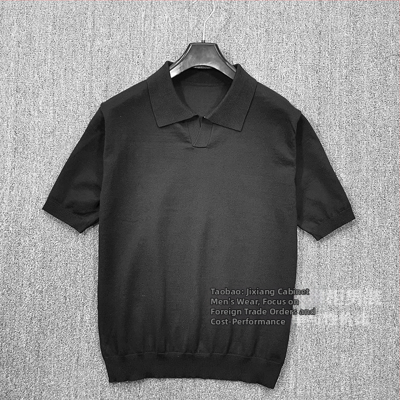 Pánske letné polo tričko z jemného pleteného materiálu, krátky rukáv, V-krk, štíhly strih, Ice Silk