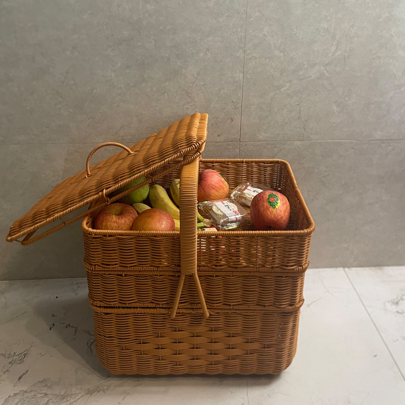 Ορθογώνιο καλάθι με καπάκι, τριών επιπέδων, μεγάλης χωρητικότητας, χειροποίητο υφαντό, κατάλληλο για οικιακή χρήση και εξωτερικούς χώρους