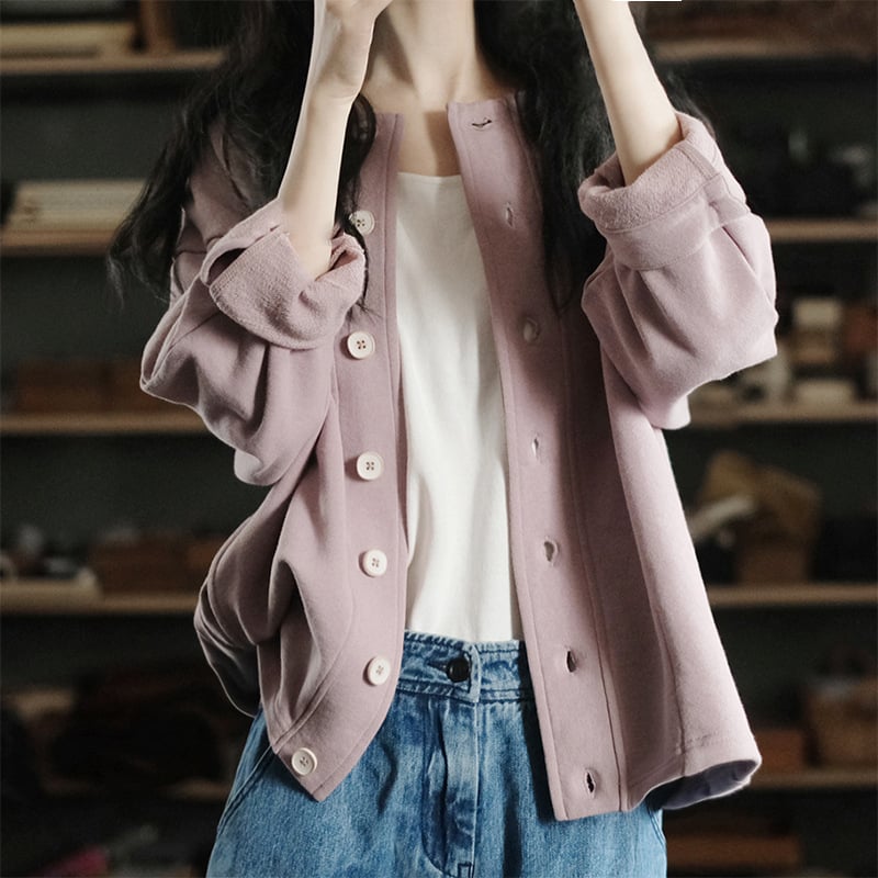 Γυναικείος βαμβακερός cardigan με στρογγυλό λαιμό και ένα κουμπί, χαλαρή γραμμή, καλλιτεχνικό στυλ, για άνοιξη-φθινοπωρινή περίοδο