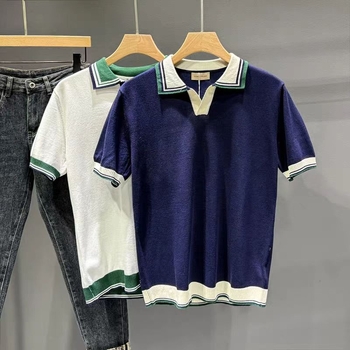 Ανδρικό καλοκαιρινό πλεκτό polo με κοντό μανίκι, στενή γραμμή, casual σχέδιο patchwork