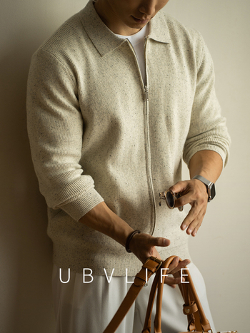 Ανδρικό cardigan με γιακά polo, πολύχρωμες κουκκίδες, 12-Gauge πικέ με core-spun νήματα, στυλ Old Money, άνοιξη 2026
