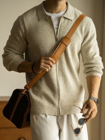 Ανδρικό cardigan με γιακά polo, πολύχρωμες κουκκίδες, 12-Gauge πικέ με core-spun νήματα, στυλ Old Money, άνοιξη 2026