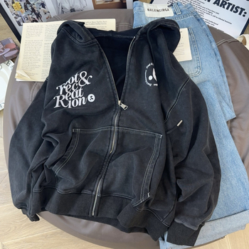 Χειροποίητο βαρέως τύπου distressed terry hoodie με φερμουάρ για γυναίκες, κορεατικό στυλ φθινοπωρινό-χειμερινό