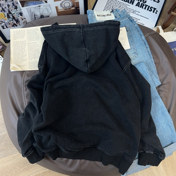 Χειροποίητο βαρέως τύπου distressed terry hoodie με φερμουάρ για γυναίκες, κορεατικό στυλ φθινοπωρινό-χειμερινό