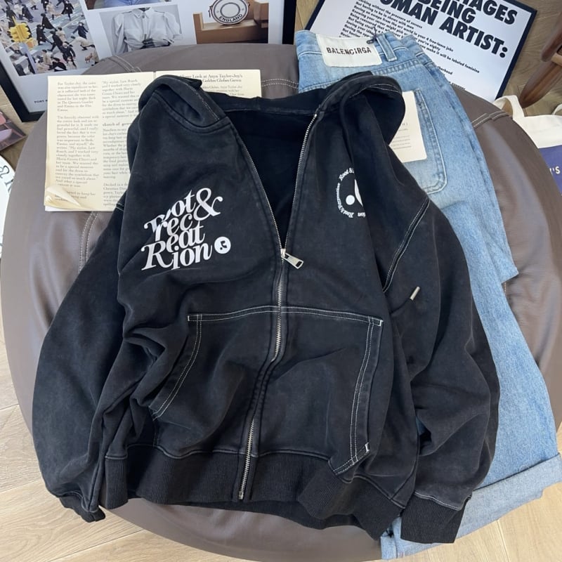 Χειροποίητο βαρέως τύπου distressed terry hoodie με φερμουάρ για γυναίκες, κορεατικό στυλ φθινοπωρινό-χειμερινό