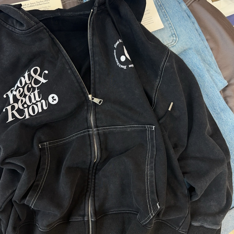 Χειροποίητο βαρέως τύπου distressed terry hoodie με φερμουάρ για γυναίκες, κορεατικό στυλ φθινοπωρινό-χειμερινό