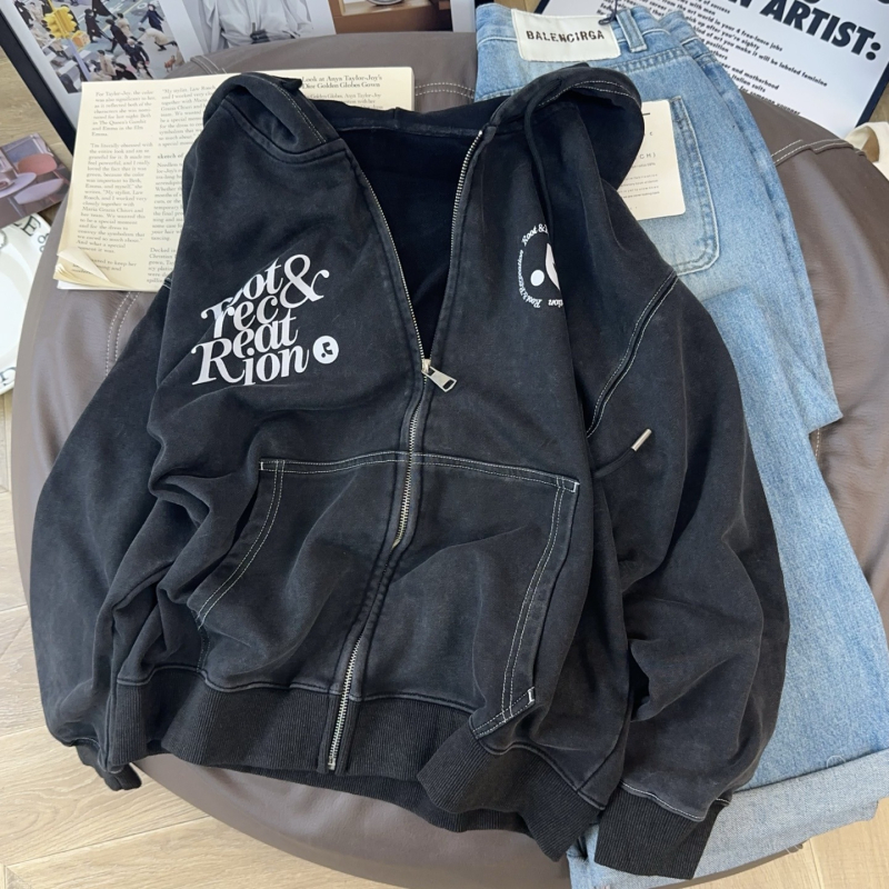 Χειροποίητο βαρέως τύπου distressed terry hoodie με φερμουάρ για γυναίκες, κορεατικό στυλ φθινοπωρινό-χειμερινό