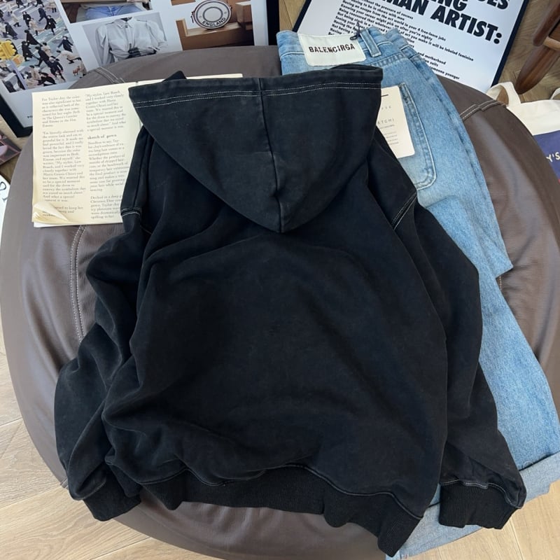 Χειροποίητο βαρέως τύπου distressed terry hoodie με φερμουάρ για γυναίκες, κορεατικό στυλ φθινοπωρινό-χειμερινό