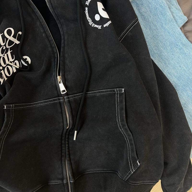 Χειροποίητο βαρέως τύπου distressed terry hoodie με φερμουάρ για γυναίκες, κορεατικό στυλ φθινοπωρινό-χειμερινό
