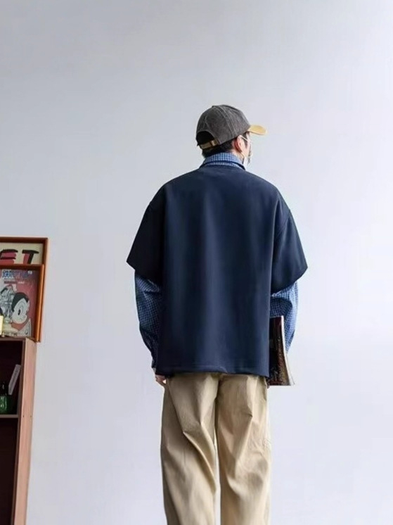 Ιαπωνικό ρετρό φούτερ-ψεύτικο διπλό, unisex, μακριά μανίκια, φαρδιά γραμμή, patchwork, πουκάμισο με polo γιακά