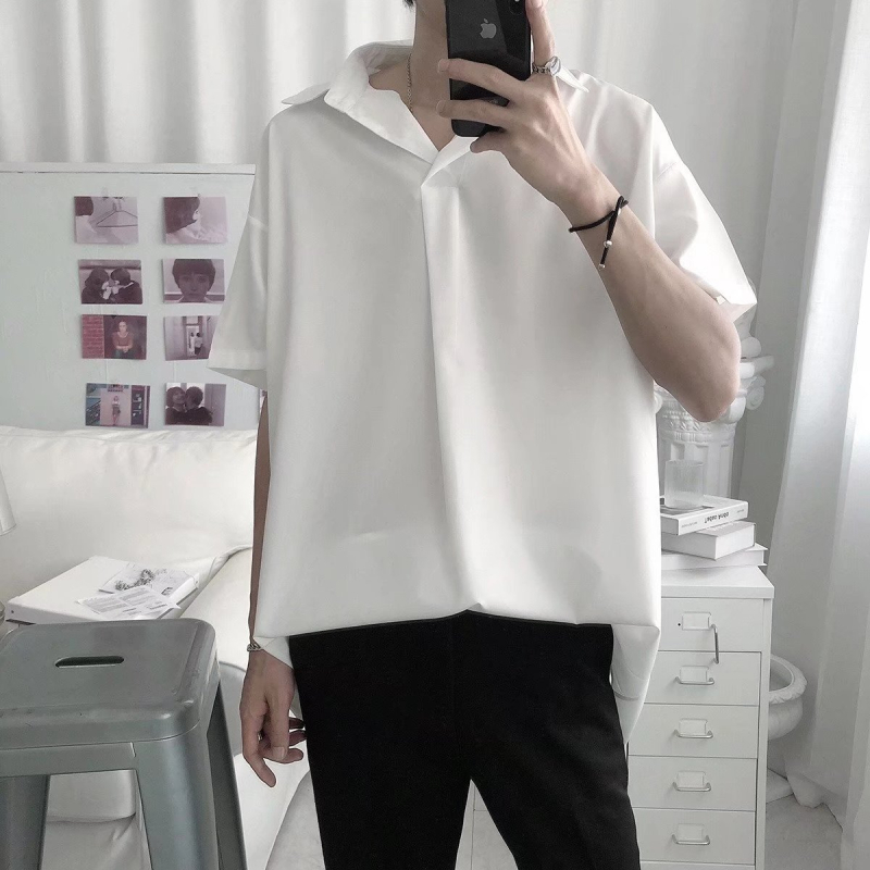 Ανδρικό καλοκαιρινό polo σε απλό ιαπωνικό casual στυλ, με γιακά σε στυλ Χονγκ Κονγκ, κοντά μανίκια, άνετη εφαρμογή, εμπνευσμένο από Harajuku.