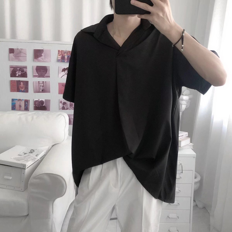 Ανδρικό καλοκαιρινό polo σε απλό ιαπωνικό casual στυλ, με γιακά σε στυλ Χονγκ Κονγκ, κοντά μανίκια, άνετη εφαρμογή, εμπνευσμένο από Harajuku.