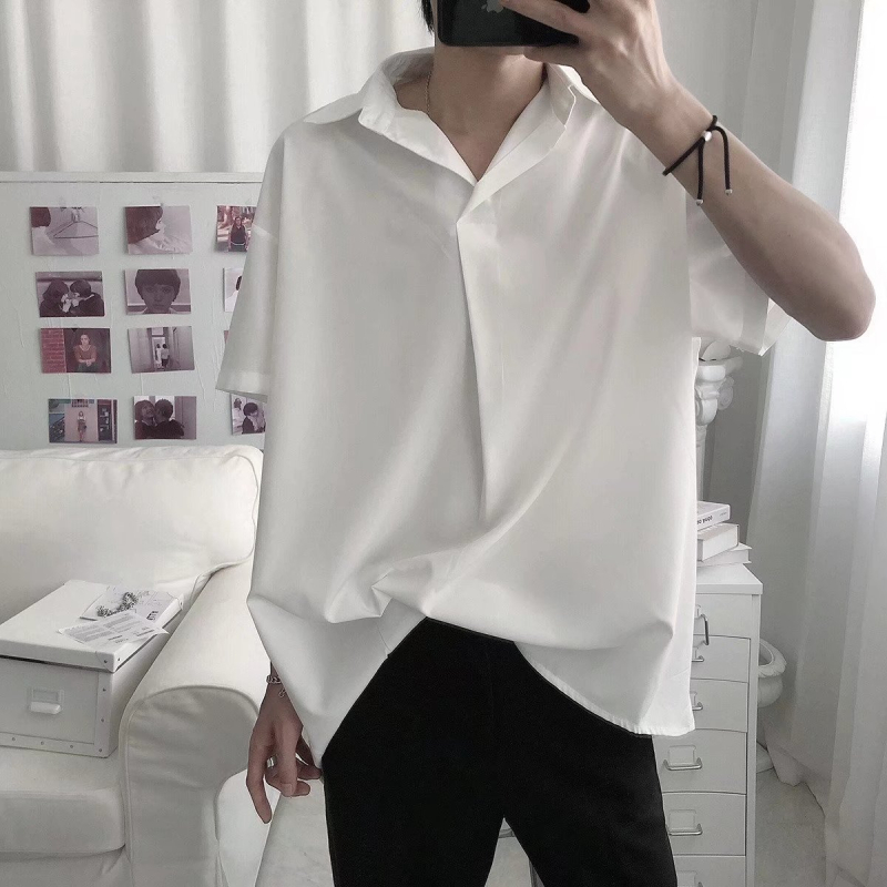 Ανδρικό καλοκαιρινό polo σε απλό ιαπωνικό casual στυλ, με γιακά σε στυλ Χονγκ Κονγκ, κοντά μανίκια, άνετη εφαρμογή, εμπνευσμένο από Harajuku.