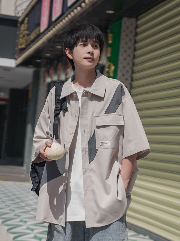 Férfi nyári patchworkos rövid ujjú ing Japán Cityboy stílusban, laza szabás